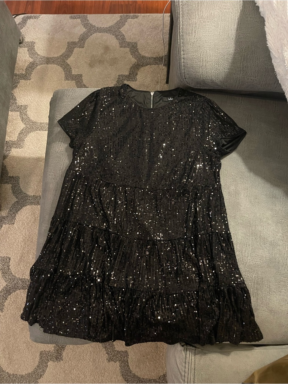 Lulu's Babydoll Black Sequin Tiered Short Sleeve Mini Dress